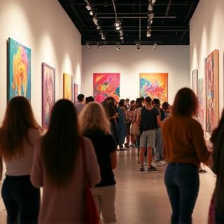 Vibrant art exhibition with attendees viewing artwork