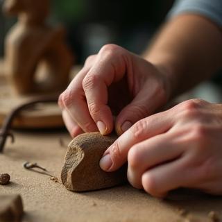 Close-up of hands creating a wooden sculpture in class